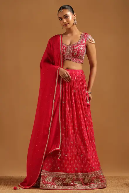 Fuchsia Raw Silk Floral Lehenga With Mirror & Stone